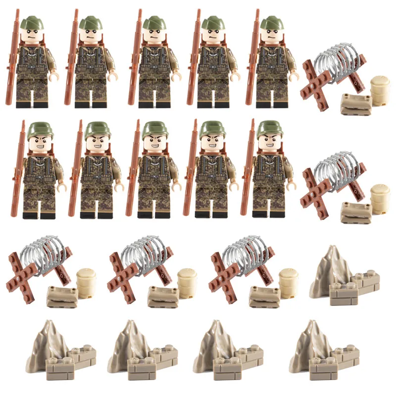WW2 الجنود العسكرية أرقام البنادق أسلحة الجيش الرمل السياج الجنينة الاكسسوارات أطقم بناء كتل الطوب ألعاب أطفال W075