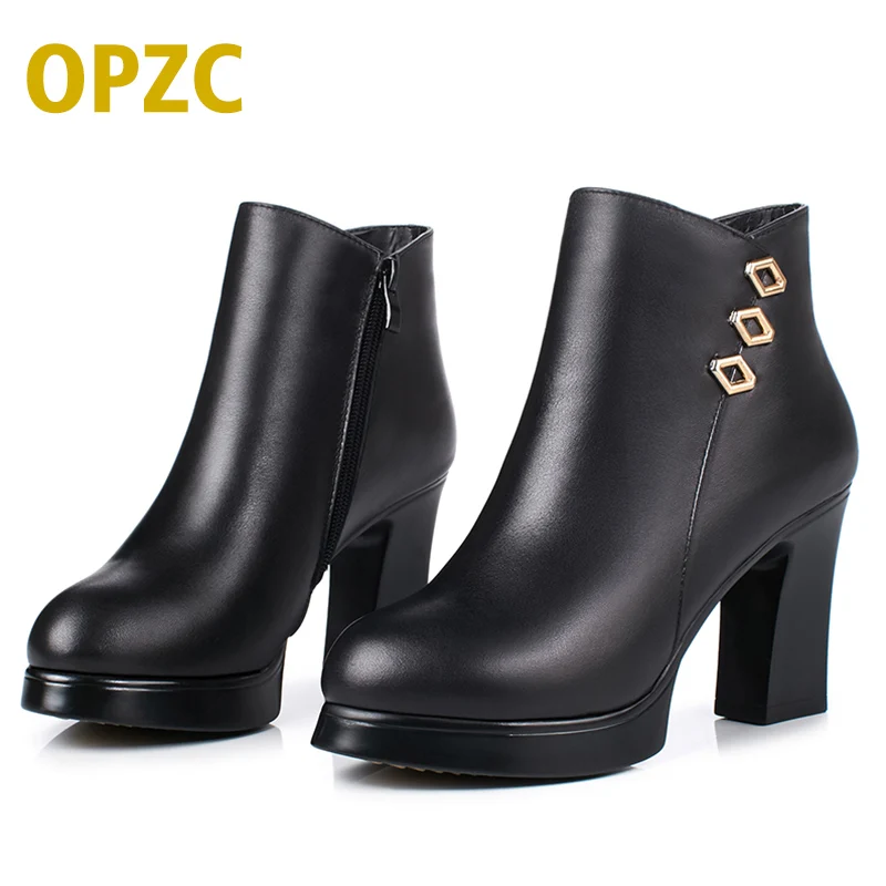 

OPZC Women's Ankle Boots 2019 New Genuine Leather Women's High Heel Platform Boots, Fashion Thicken Wool Warm Winter Boots Women