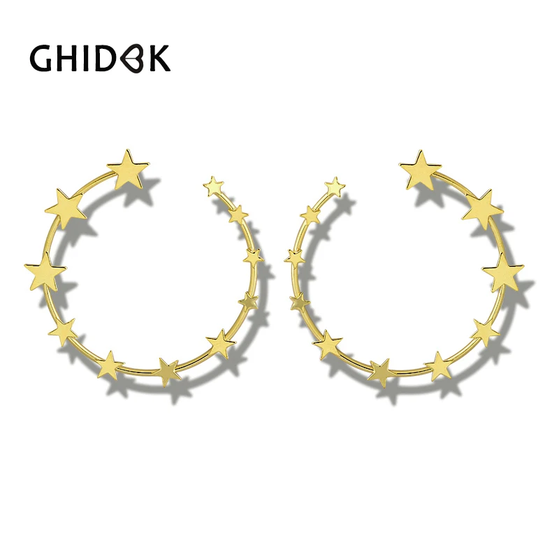 

GHIDBK Gold Silver Color Multi Heart Star Hoop Earrings for Women Simple Big Round Circle Earrings Dainty Starry Hoops Statement