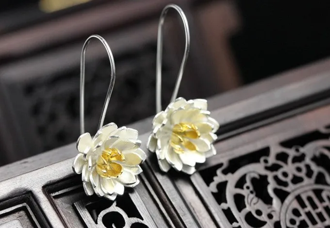 Мода плата 925 Серебряные висячие серьги цветок лотоса ювелирные изделия Pendientes Brincos модные ювелирные изделия