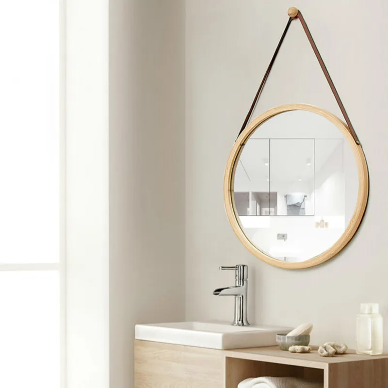 Круглое настенное зеркало из искусственной кожи, декоративное зеркало с подвесным ремешком для ванной комнаты, зеркало для макияжа, включая крючок, домашний декор mx3071411