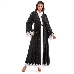 2018 модные Абаи Дубай Бисер Перл кружева кардиган Для женщин турецкая исламская халат Roupas Feminina плюс Размеры a895