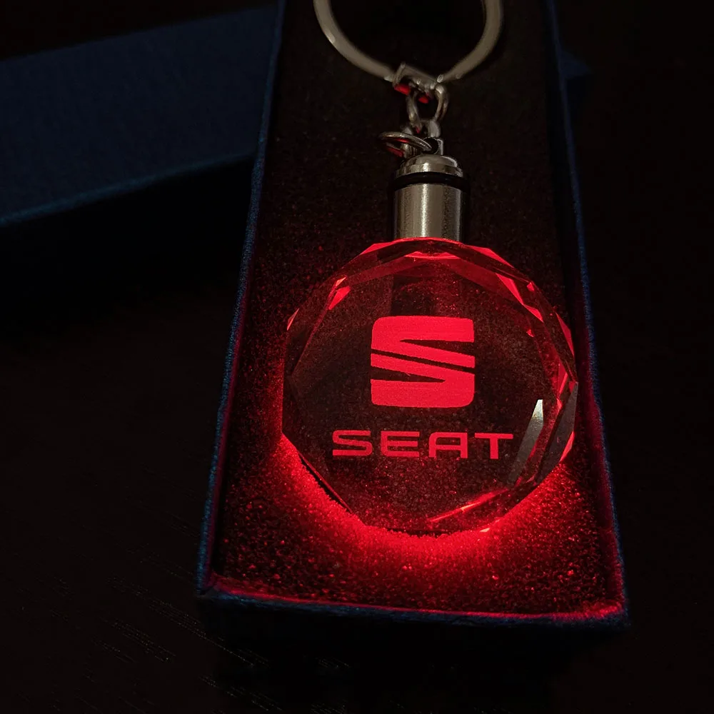 

Custom Car Logo Crystal Crafts With Changing Colorful LED Light Laser Engraved DIY Car Key Chain Home Decor Boys Gifts Keychain