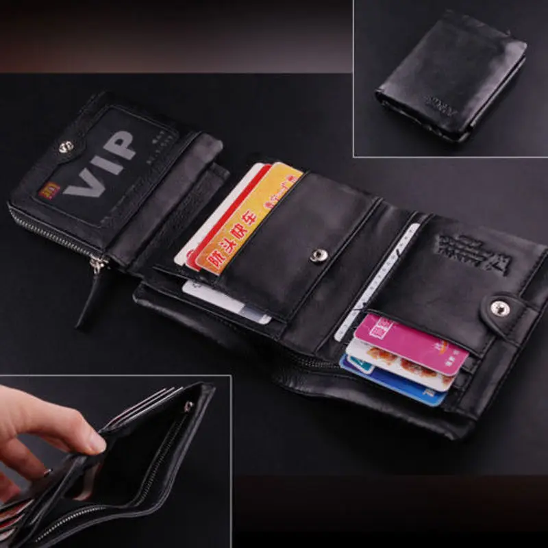 Мужской кошелек, качественный кожаный бутик, трехскладной кошелек на молнии, держатель для карт, органайзер, многофункциональный кожаный кошелек - Цвет: Черный