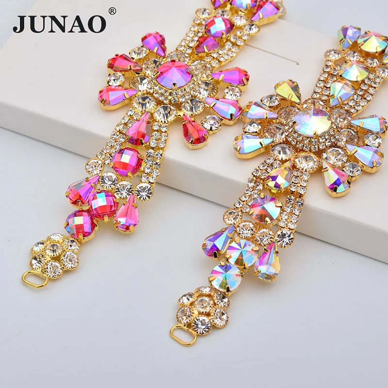 

JUNAO 45x180mm AB Crystal Chain Rhinestones Flower Applique Bikini Belt Connector Sewing Jewelry Glass Crystal Chain for Dress