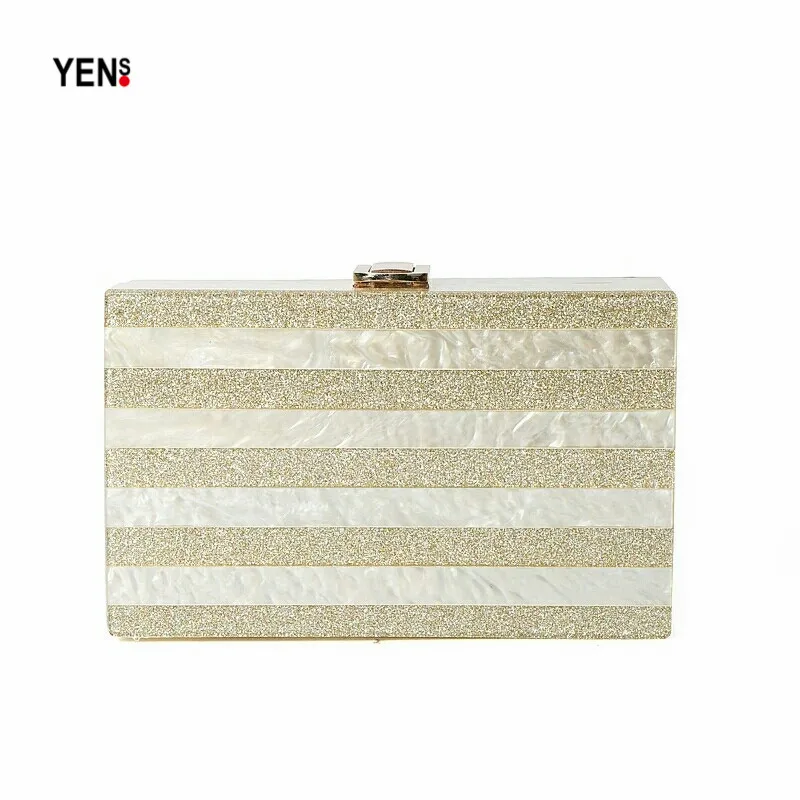 

Women Vintage Acrylic Clutch Box Silver and Gold Striped Designer Evening Party Bag Lady Elegant Wedding Bridesmaid Dinner Bag
