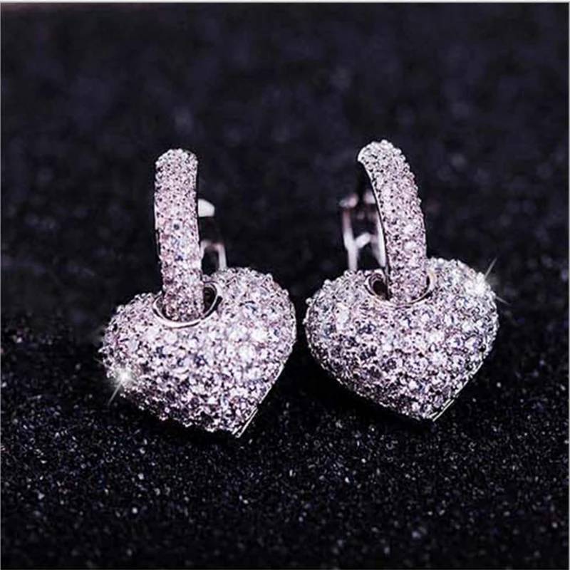 SWOUR New Jewelry S925 Sterling Silver Cubic Zircon CZ Wedding Gift Crystal Heart Shape Hoop Earrings For Woman S007 | Украшения и