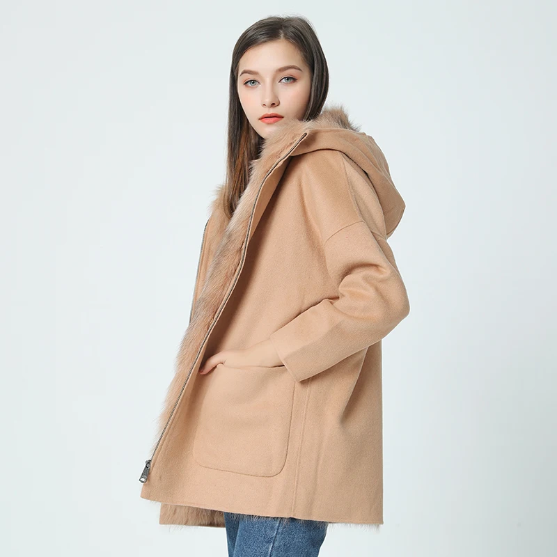 Женская куртка с капюшоном OFTBUY свободная из 100% натурального меха лисы 2019|wool blend