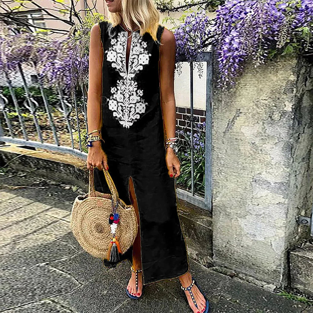 Women's Maxi Dress Printed Sleeveless O-neck Maxi Dress Split Hem Baggy Kaftan Long dresses woman party night beach dresses NEW