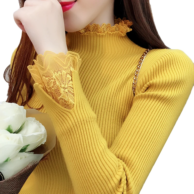 

Women Knit Sweater Pullover 2018 New Fashion Lace Panel Long Sleeve Half Turtleneck Elastic Knit Bottoming Shirt Sweater Female