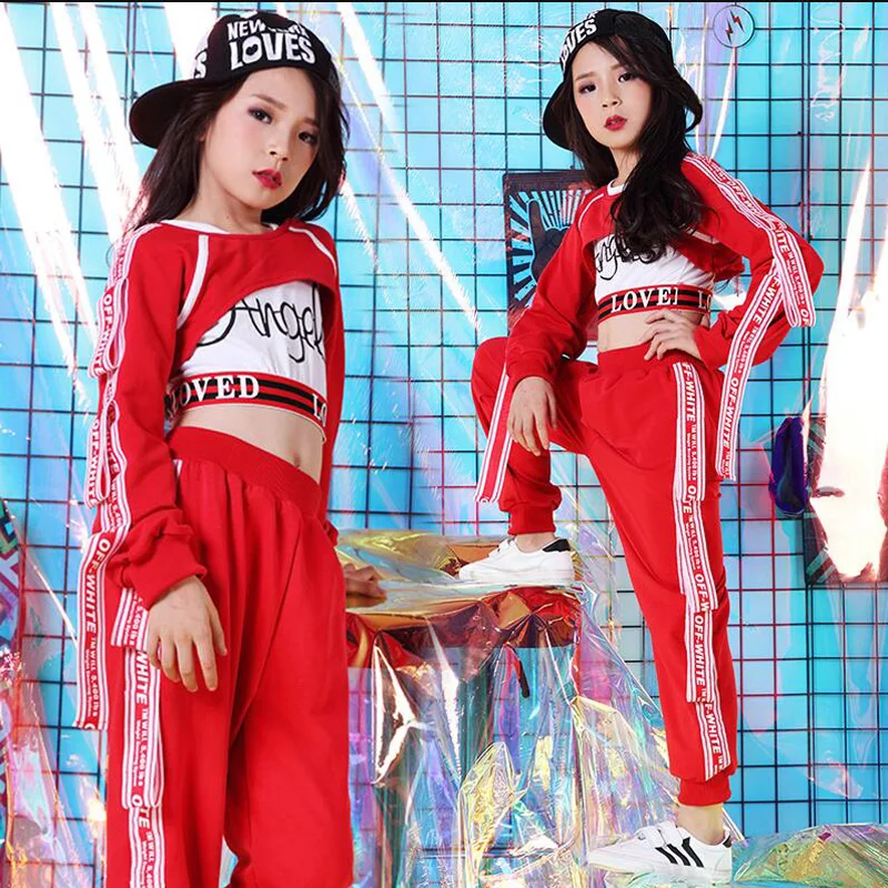 

1 SET Kids Sequined Hip Hop Clothing Suits Girls Red Tops Pants Jazz Dance Costumes Ballroom Carnival Party Dancing Wear Outfits