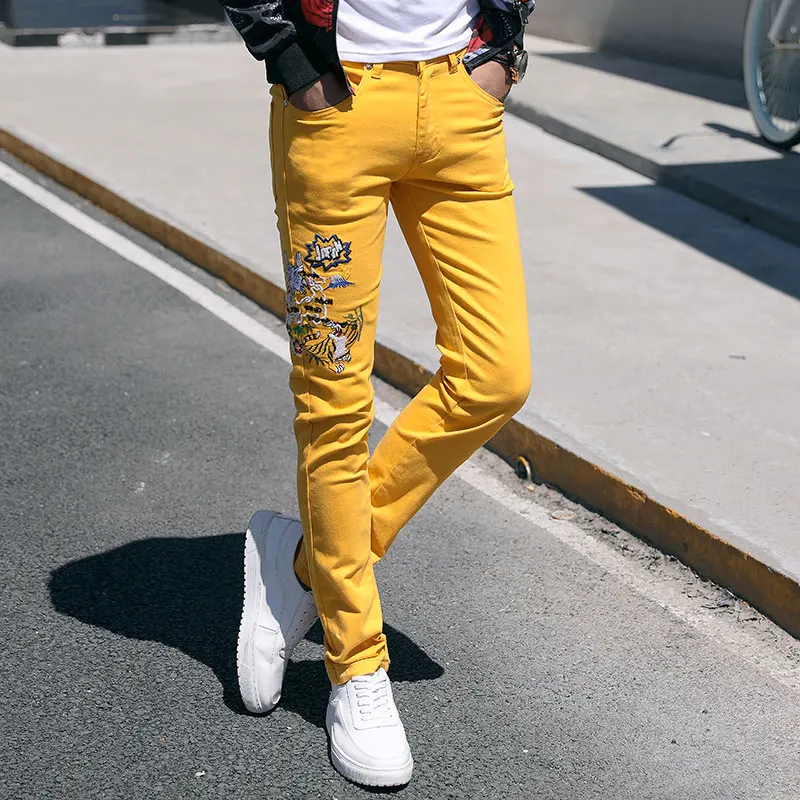 Fashion Streetwear Mens Jeans Slim Fit Elastic Punk Pants Hip Hop Jeans Embroidery Denim Trousers Men Pink Yellow Green Color - Цвет: Цвет: желтый