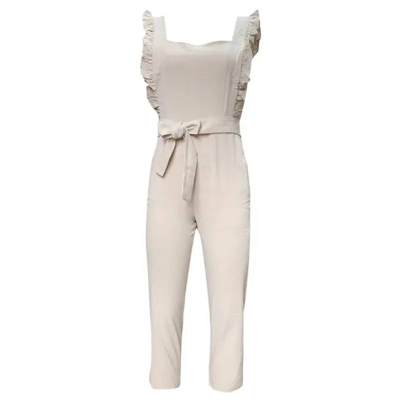 New Women's Summer Fashion Casual Linen Shirred Frill Sleeves Pockets Jumpsuit Ladies Belted Summer Holiday #4A25 (13)