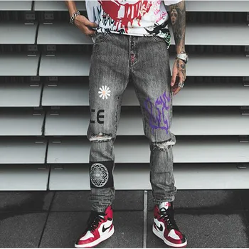 

Men Gray Ripped Jeans Pants Hole in the Knee Jeans 2019 Vintage Biker Jogger Distressed Hole Baggy Denim Slim Fit Casual Pants