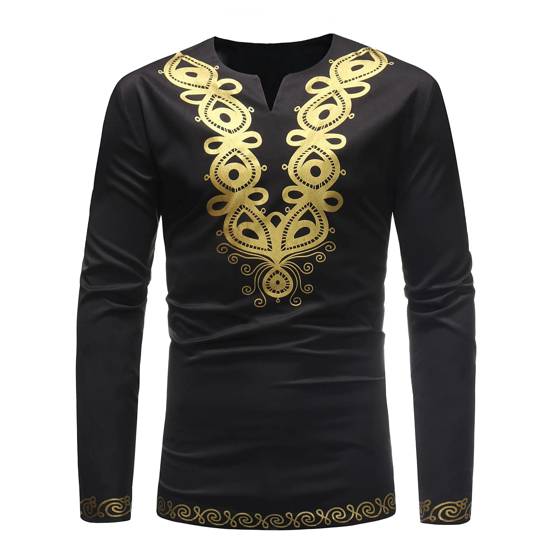

2019 new fashion African print men's large v-neck long sleeve T-shirt