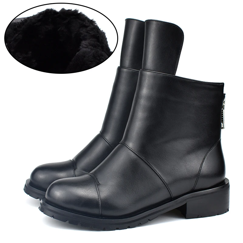 Black Plush Odetina/Женские ботинки в сдержанном стиле с толстым плюшем; сезон осень-зима модные высококачественные женские ботильоны с молнией сзади квадратный каблук; большой размер 42 - Цвет: Black Plush