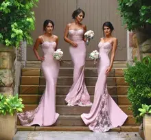 Pink 2017 Mermaid Spaghetti Straps Satin Appliques Lace Long Bridesmaid Dresses Cheap Under 50 Wedding Party Dresses