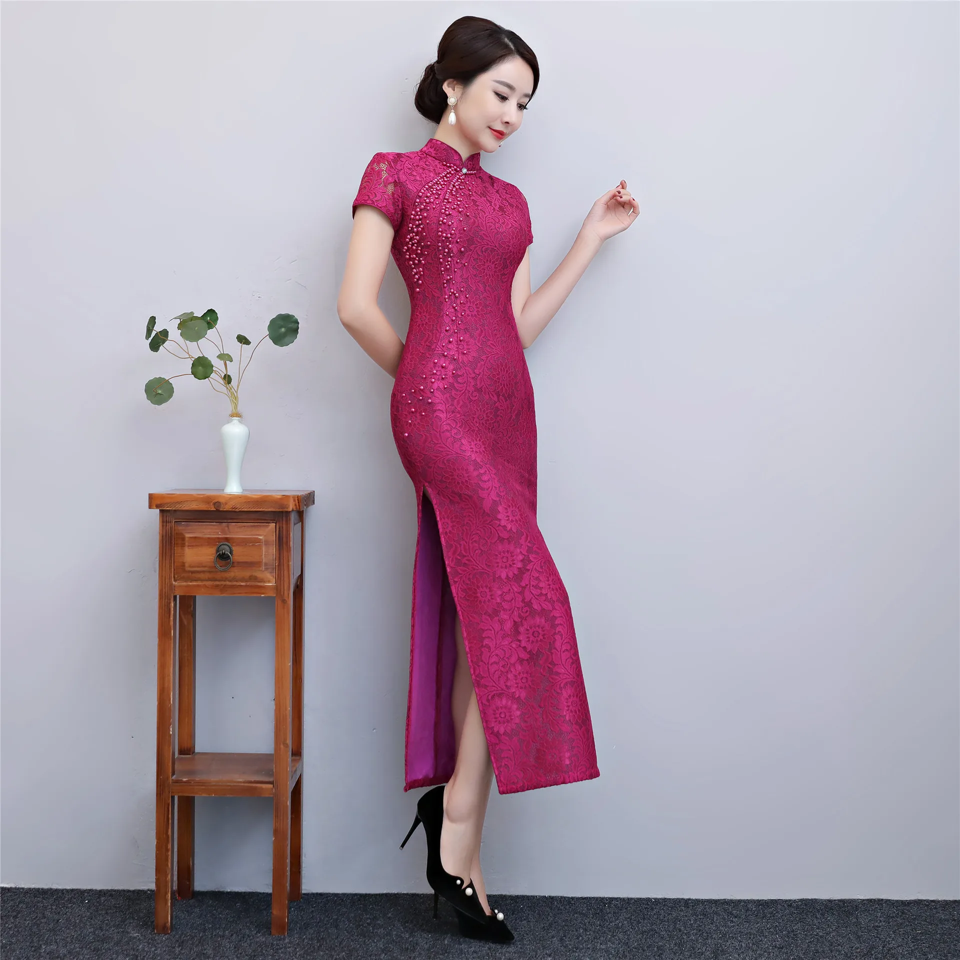 Розовый, красный, желтый Для женщин новинка элегантные Cheongsam кружева Сексуальная Китайский Стиль вечернее платье новые женские тонкий Qipao - Цвет: Rose Red