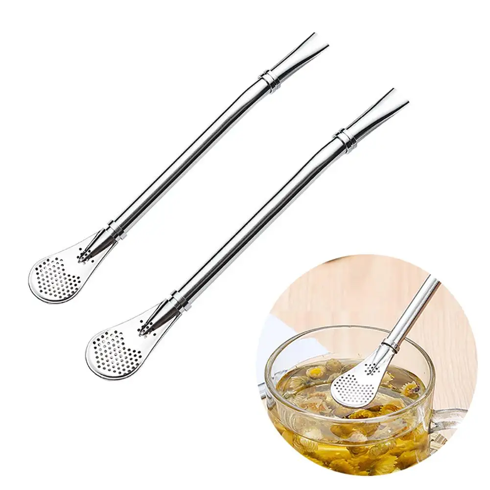 

New 2Pcs Stainless Steel Tea Coffee Drinking Bombilla Straw Stir Rod Spoon Filter