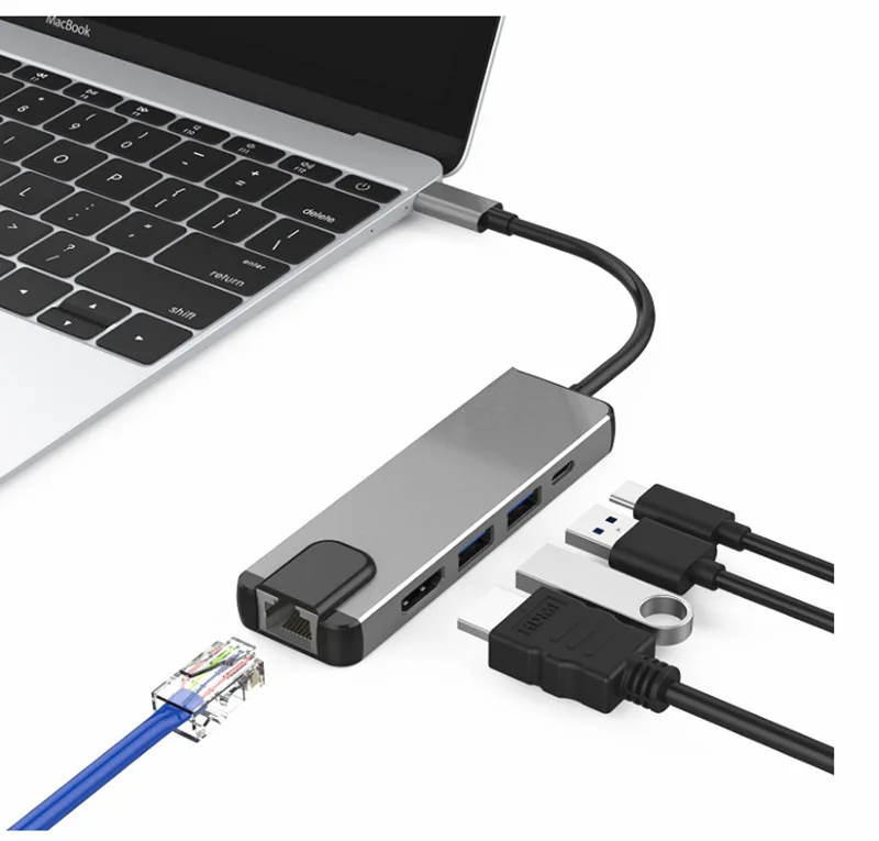 5 в 1 Тип usb C концентратор Hdmi PD USB C концентратор к Gigabit Ethernet Rj45 сетевой адаптер Thunderbolt 3 Macbook Pro USB-C Зарядное устройство Порты и разъёмы