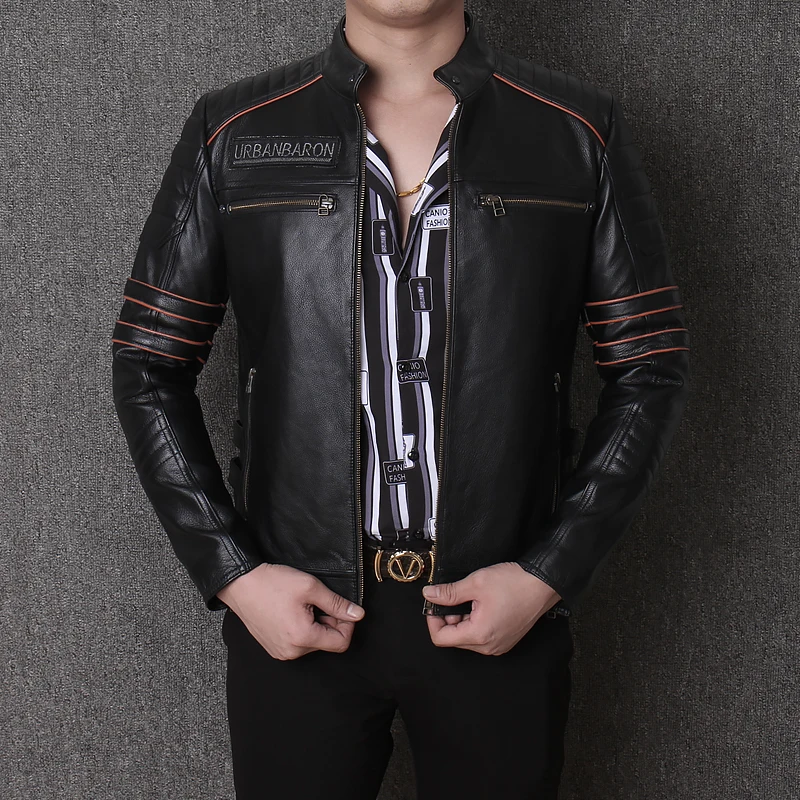 

Men Motorcycle Leather Jacket Genuine Leather Outerwear First Layer Cowhide Leather Short Jacket Skull Pattern Stand Collar