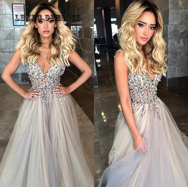 

Evening Dress Long Gray 2019 V-neck Crystal Beaded Tulle A-line Vestido Longo Robe De Soiree Longue Vestido Longo De Festa