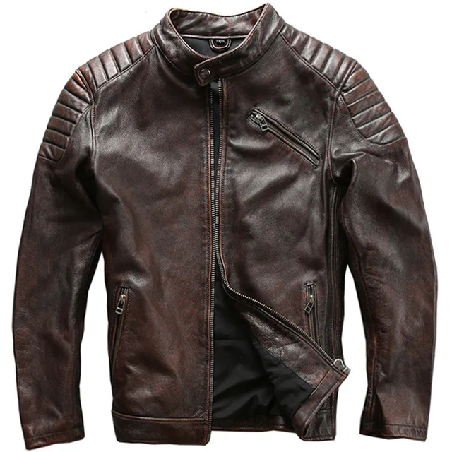 

Men Vintage Leather Jacket Men Cowhide Jackets Brown / black Calfskin Motor Biker Coat Man Leather Coat Slim