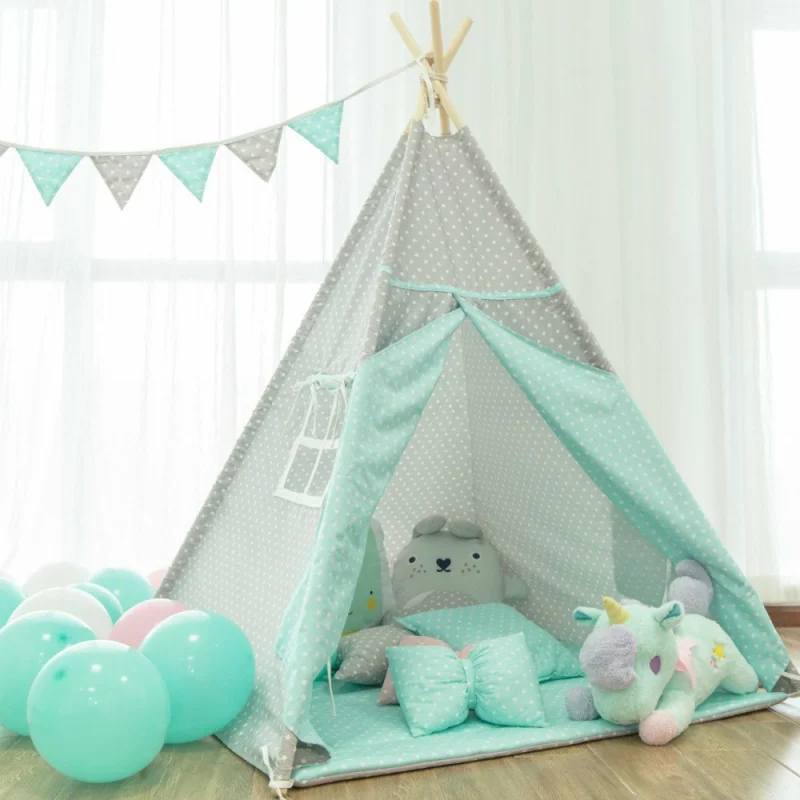 

Four-Pole Grey Star Kids Tipi Tent With Mint Accents