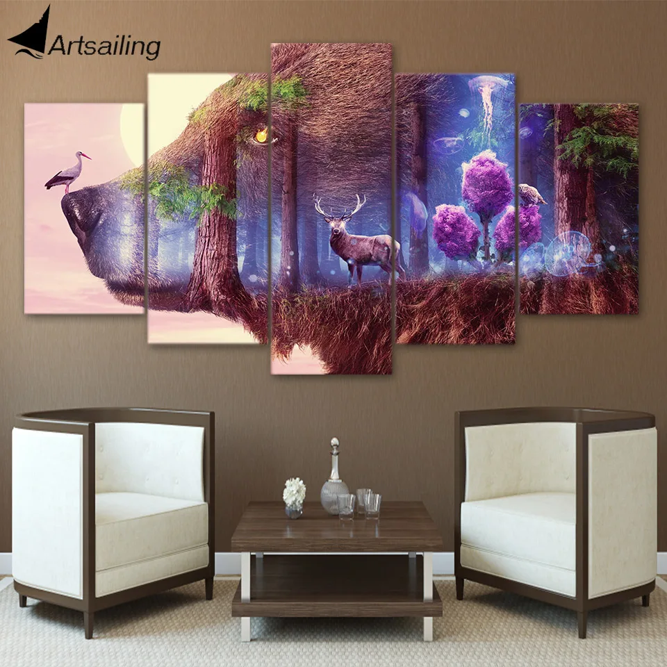 HD Printed 5 Piece Canvas Art Stag In The Forest Large 5 Panel Canvas