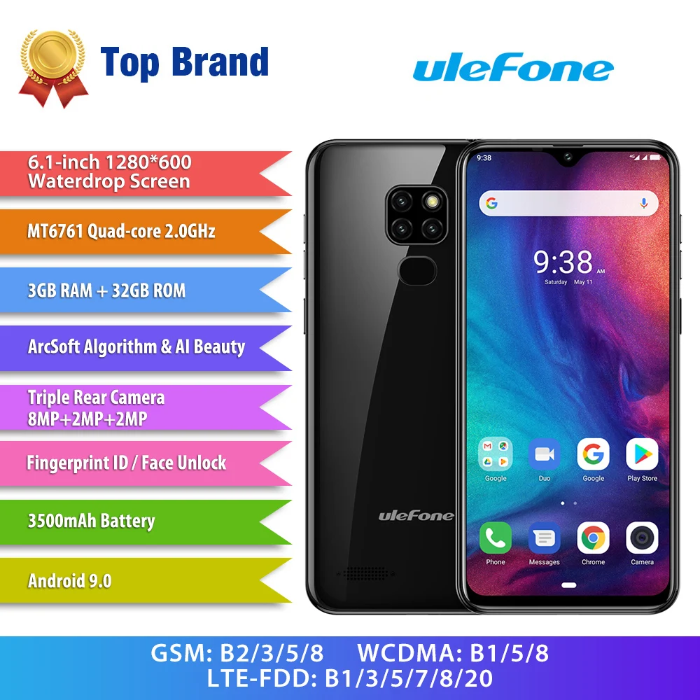 Ulefone Note 7P Mobile Phone Android 9.0 Cellphone 6.1" MT6761VW Quad Core 3GB+32GB Face ID 3500mAh Smartphone 3 Rear Cameras