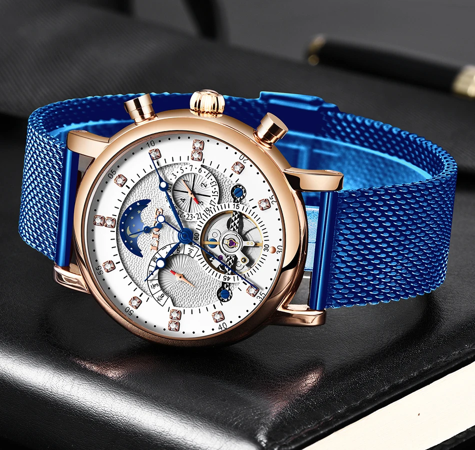 automática relógio mecânico masculino casual couro à