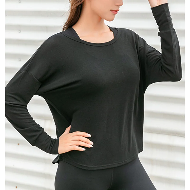 Рубашка для йоги, свободная спортивная одежда с длинным рукавом, Женская Спортивная одежда для бега, пилатеса, тренировочная спортивная одежда, футболка с круглым вырезом, черные и белые спортивные топы - Цвет: black