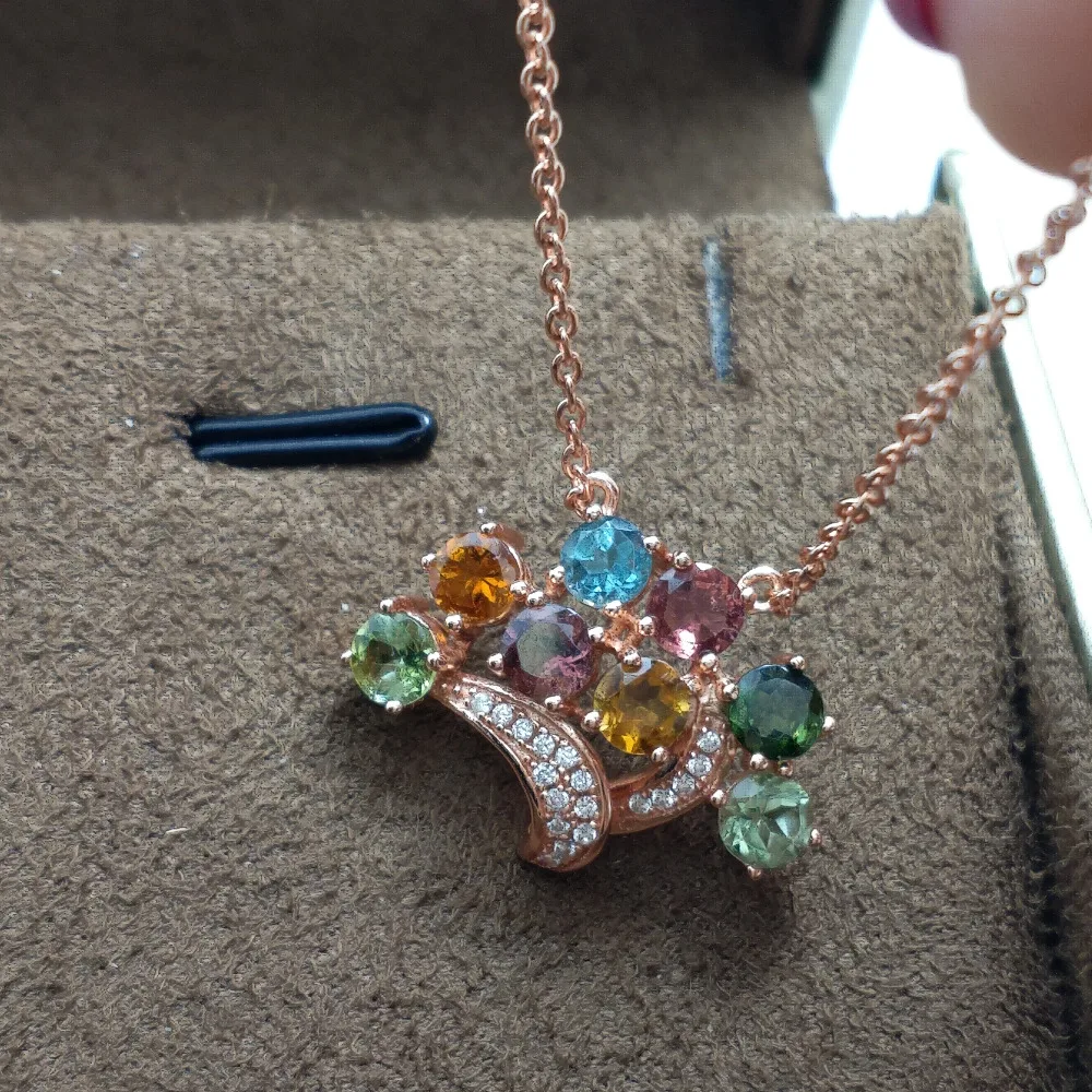 

FLZB 2018 new flower pendant in 925 sterling silver with natural colorful tourmaline solitaire pendant necklace rose gold plated
