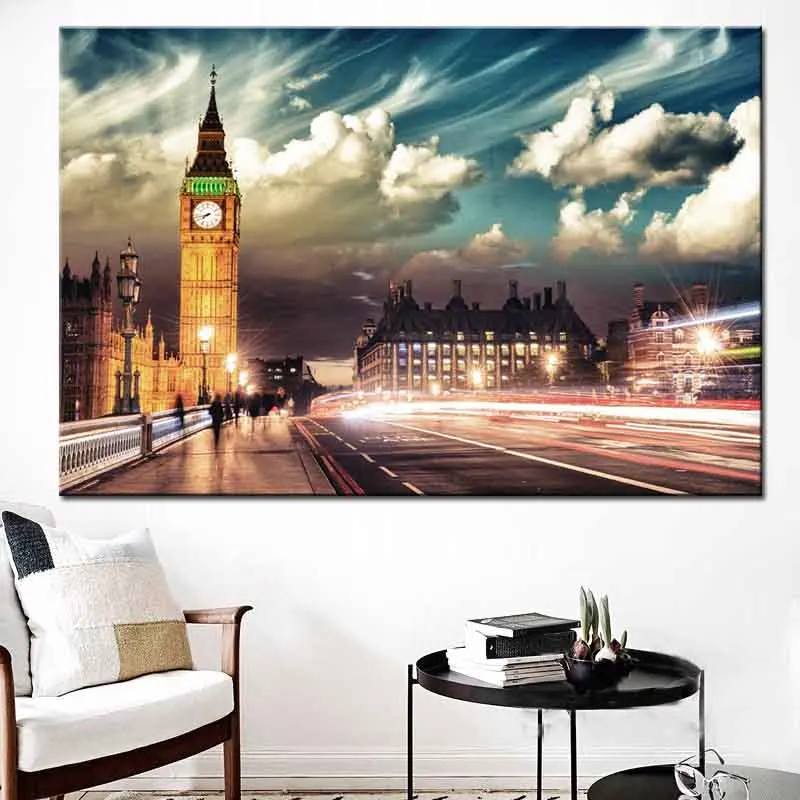 British Big Ben Canvas Print Painting Modern Beautiful Night Landscape Clock Tower Wall Art Pictures For Living Room Decor 1Pcs | Дом и сад
