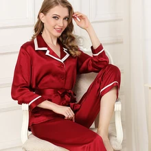 Шелковые пижамы для женщин женская блуза с длинным рукавом, однотонное, красное, синее, шелк атласная пижама, одежда для сна, женские лаунж-Пижама комплект