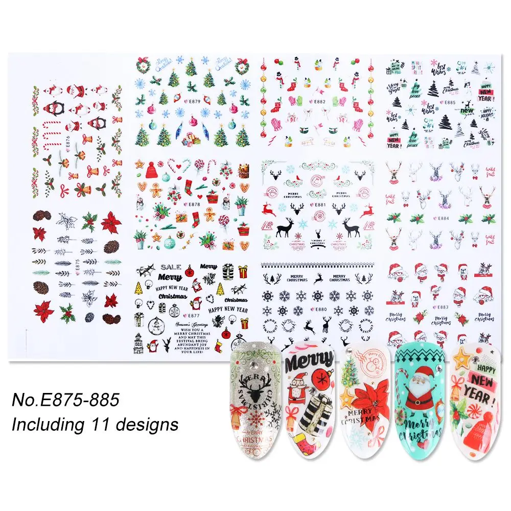 11 Дизайнов 3D наклейки для ногтей Рождество год гвоздь Переводные картинки Санта-Клаус Лось Снеговик маникюр декор инструмент для ногтей LAE875-896 - Цвет: E875-885