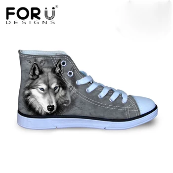 FORUDESIGNS Fashion Mens Vulcanized Shoe 3D Animals Wolf High Top Shoes Pet Dog Husky Print Flats