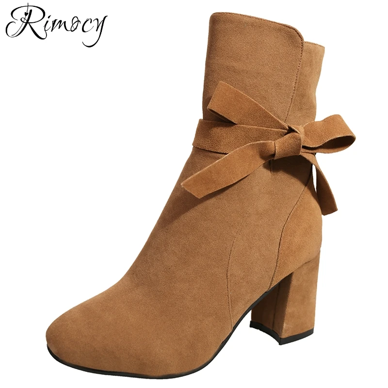

Rimocy thicken high heels suede booties women solid color cute bowtie leather ankle boots woman spring 2018 new short boots back