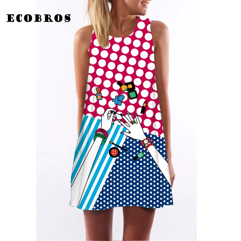 

ECOBROS 2019 New Casual Woman Summer Dress sleeveless Loose print mini dresses plus size woman clothing dress