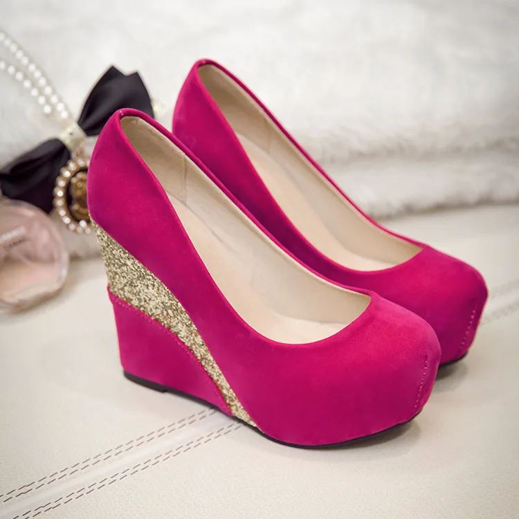 Новинка женская повседневная обувь на платформе винтажные блестящие женские туфли из флока со вставками на высоком каблуке женская обувь женская свадебная обувь на танкетке без застежки