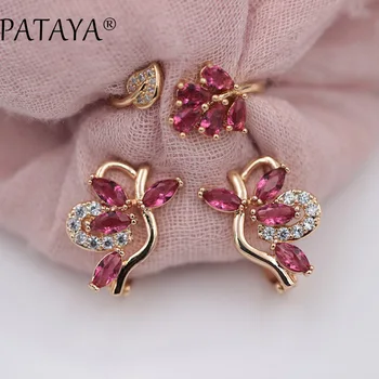 

PATAYA New RU 585 Rose Gold Drop Earrings Up Open Rings Sets Women Symmetry Petal Natural Zircon Exquisite Wedding Jewelry Set