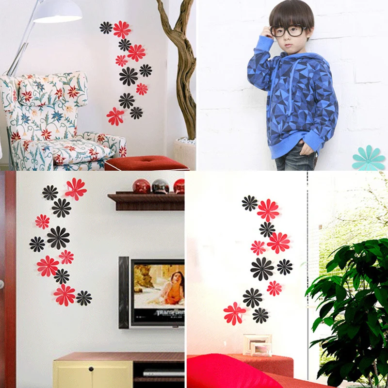 Sale 12pcs/Lot Creative 3D PVC Flowers Wall Stickers Acrylic Wall Decals For Kids Room Kitchen TV Wall Stickers Home Decor