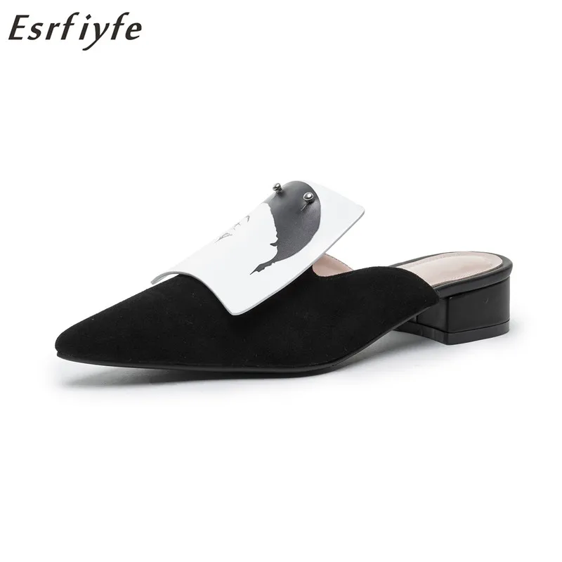 

ESRFIYFE 2019 New Genuine Leather Pointed-toe Women Mules Summer Style Slippers for Women 4.5cm Square Heel for Sexy Ladies