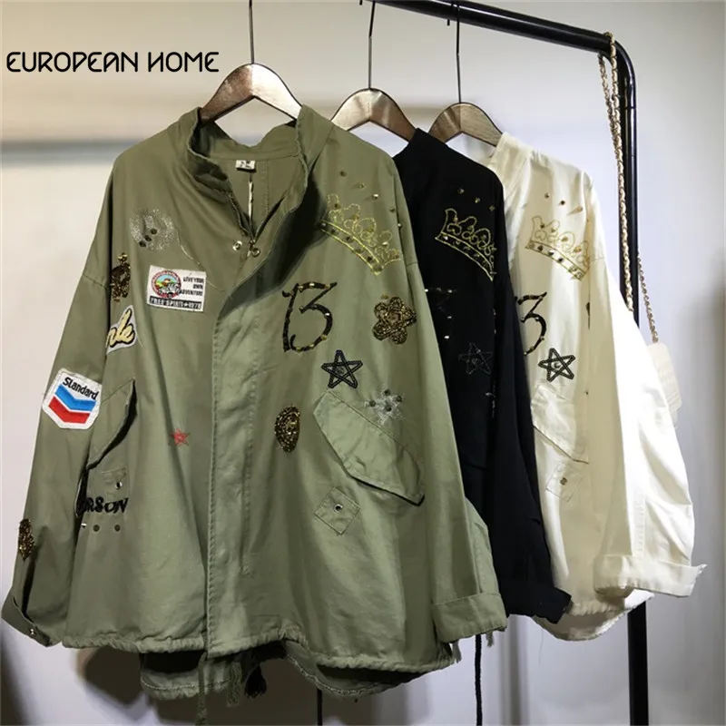 

Spring Autumn Windbreaker Women Fashion Patch Designs Rivet Stand Collar Tooling Plus Size Loose Casual Long Trench Coat LR198