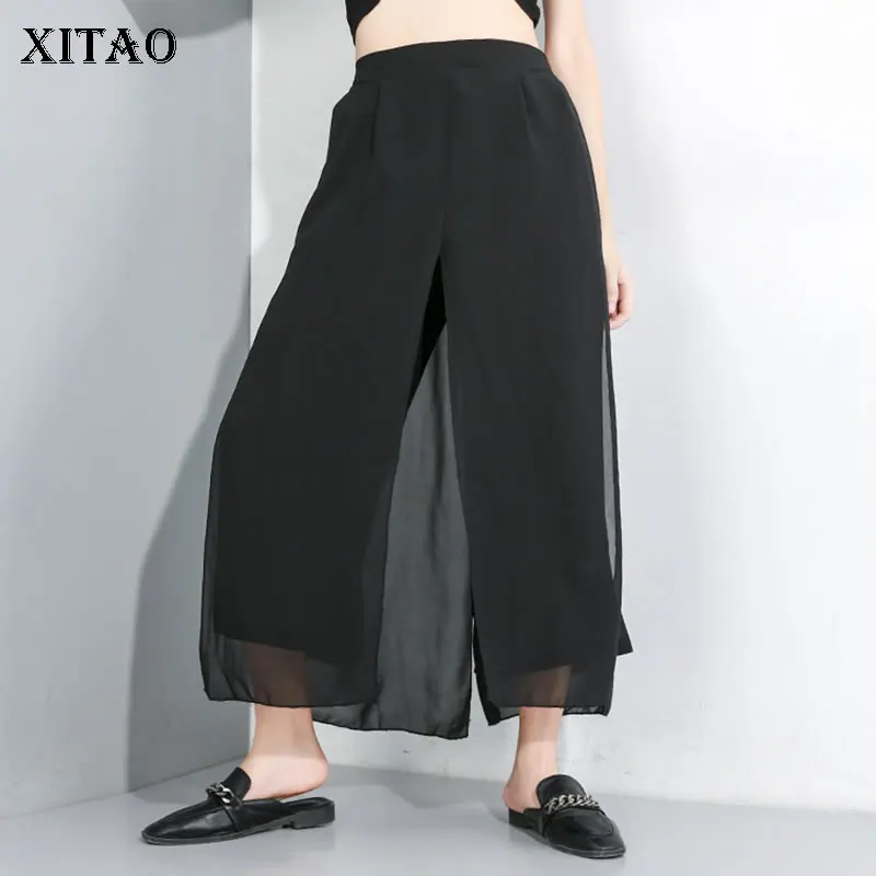 

XITAO Chiffon Perspective Pants Women Korea Fashion False Two Piece High Waist Patchwork 2019 Summer Wide Leg Pants WLD1836