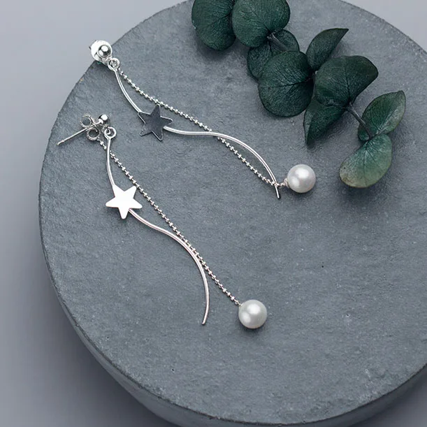 

Party Gift Natural Shell Pearl Star Solid 925 Sterling Silver Dangling Earrings