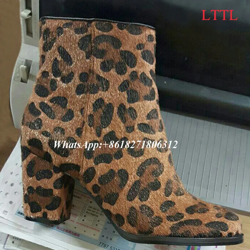 Horsehair Suede Leather Leopard Ankle Boots Brown Thick Chunky Heel Sexy High Heels Flock Zip Booties