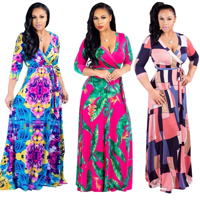 

Plus Size 3XL 4XL 5XL Long Maxi Dress Women Print Boho V-Neck Waist Belt Maxi Dress Casual Vacation Party Lady Dress Big Size