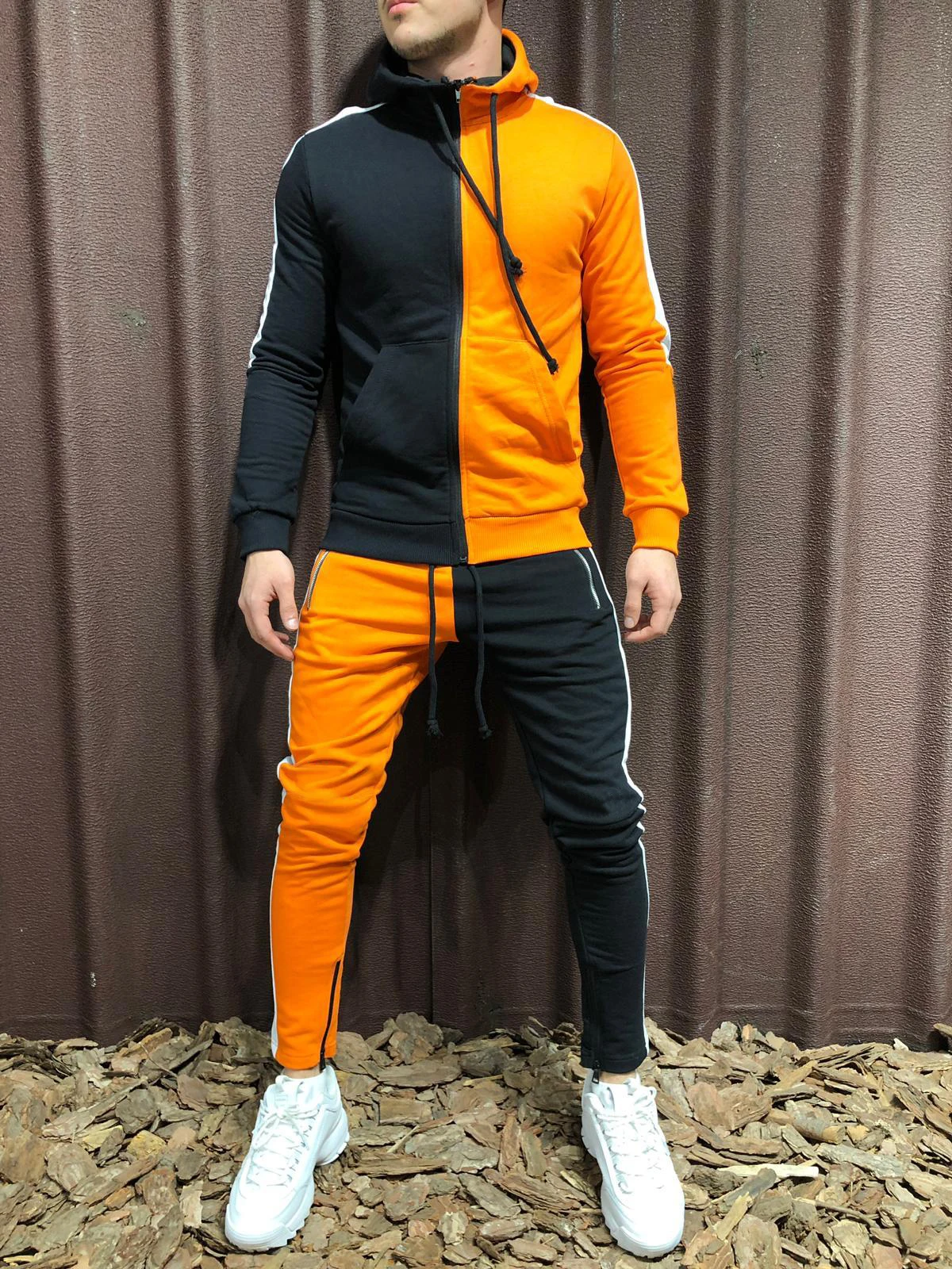 WENYUJH осенний спортивный костюм из 2 предметов для мужчин, повседневный спортивный костюм в стиле пэчворк, толстовка с капюшоном, спортивные штаны, мужские джоггеры, костюмы худи 3XL - Цвет: Black orange