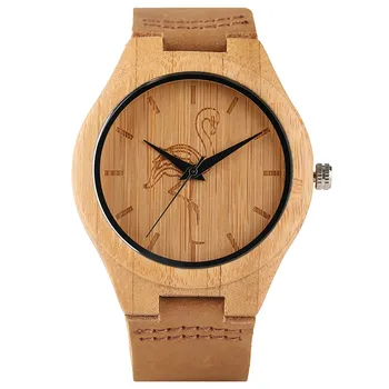 

Cool Luxury Men Bangle Sport Quartz Wrist Watch Nature Analog Top Women Crane/Cat/Dog Casual Bamboo Genuine Leather Band Strap